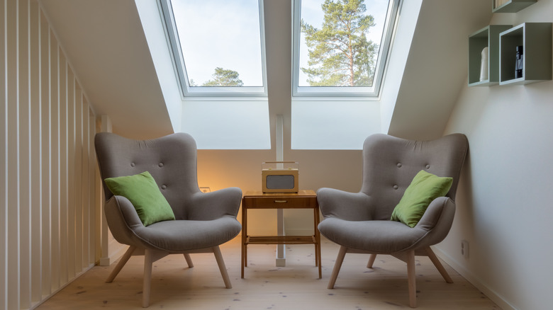 slanted ceiling and chairs