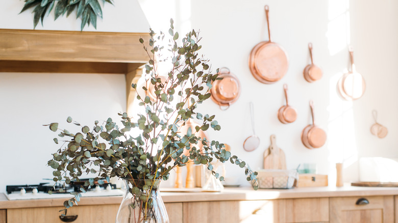 Copper pans on wall