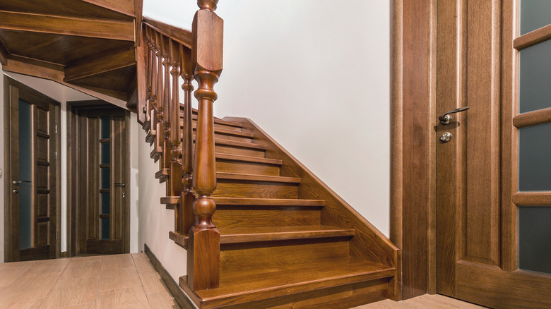 brown oak wooden stairs