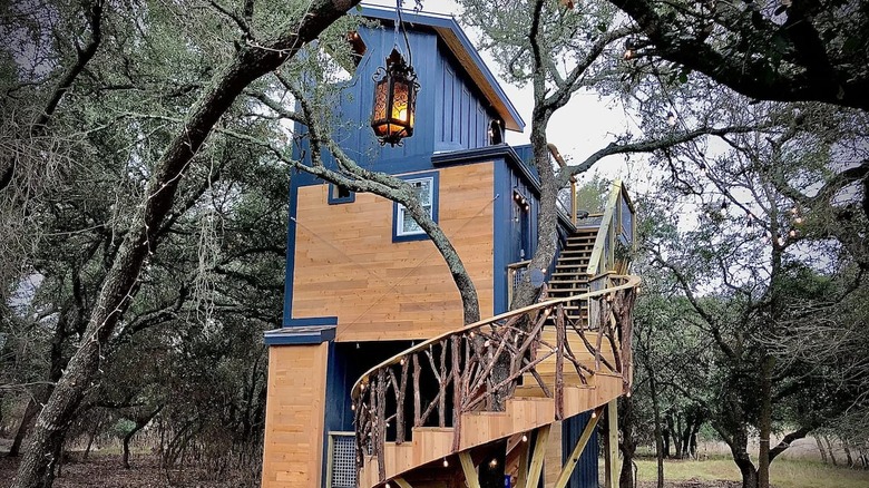 blue treehouse with wood patches