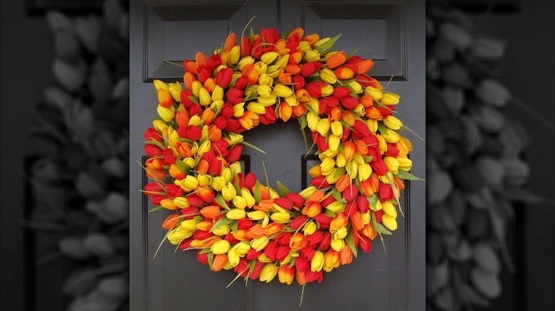 Red, orange, and yellow tulip wreath