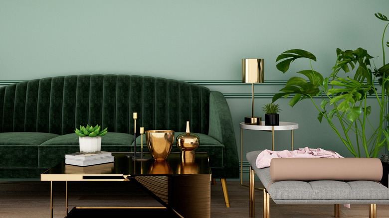 mint room with emerald couch