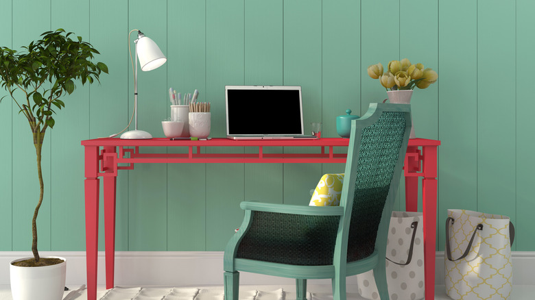 Red desk in mint room