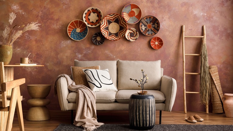 baskets arranged above a couch