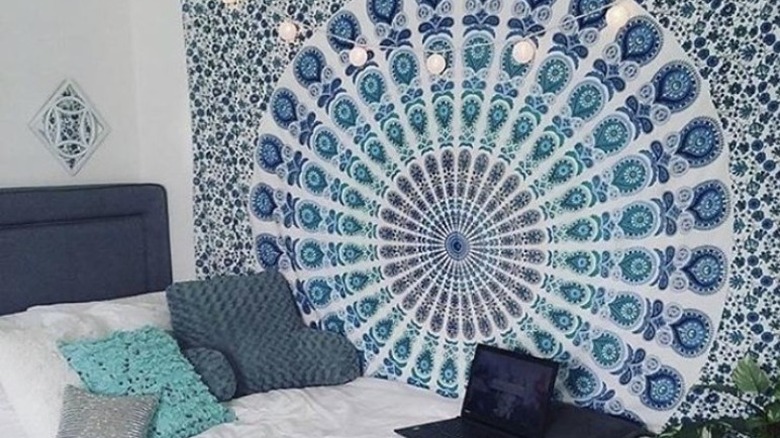 blue tapestry on wall