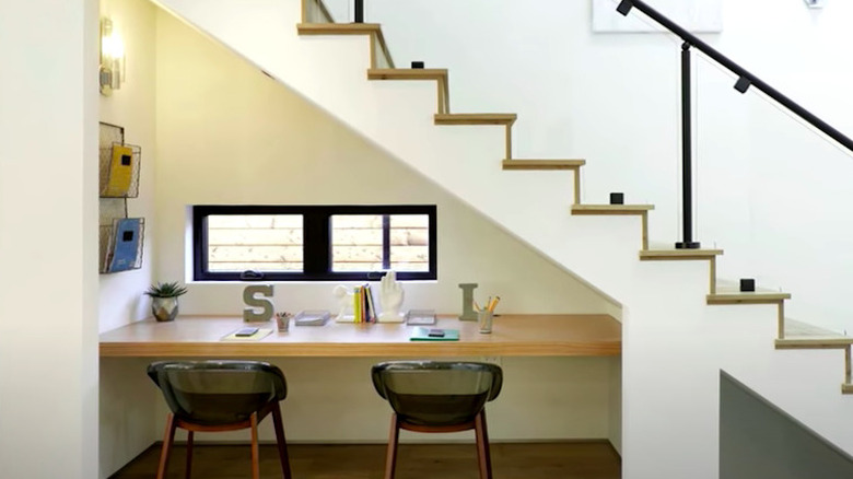 home office under a staircase