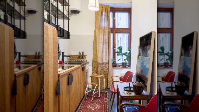 red oriental runner in kitchen