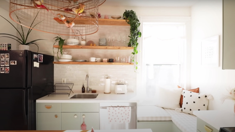 pillows and towels in kitchen