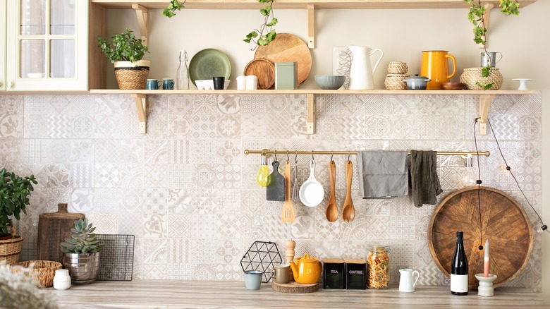wooden decorations on open shelving