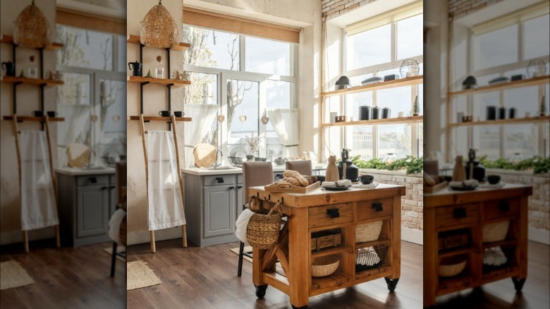 wooden island in bright kitchen