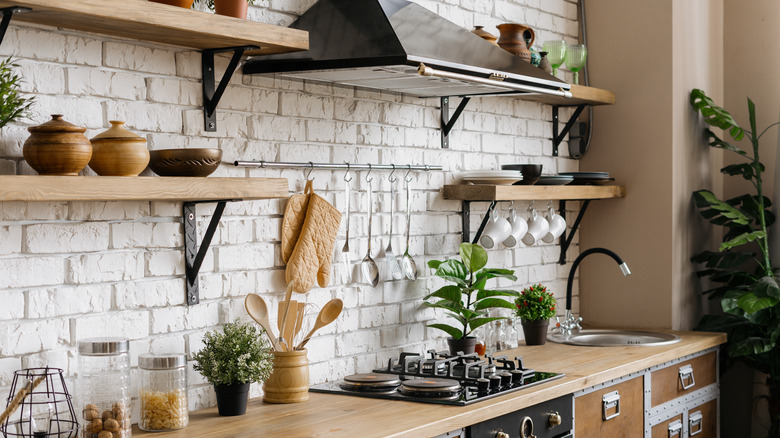 white brick kitchen backsplash