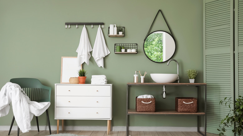 bathroom with olive green walls