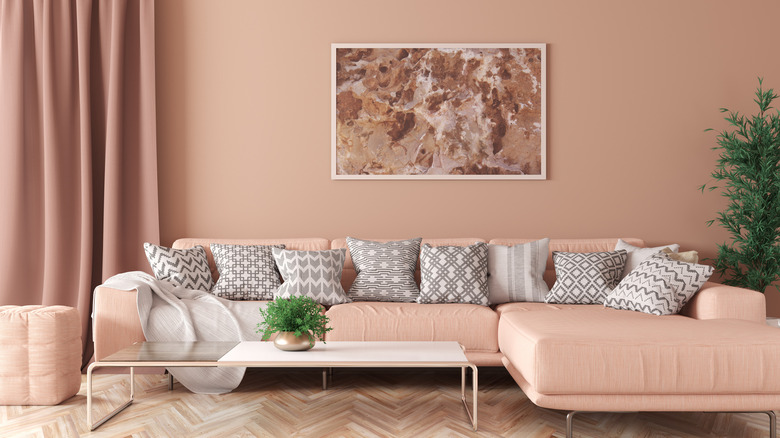 living room with peach walls