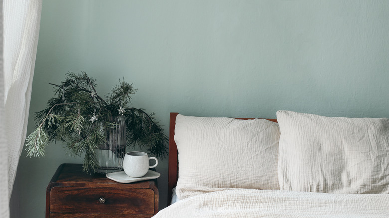 bedroom with sage green walls