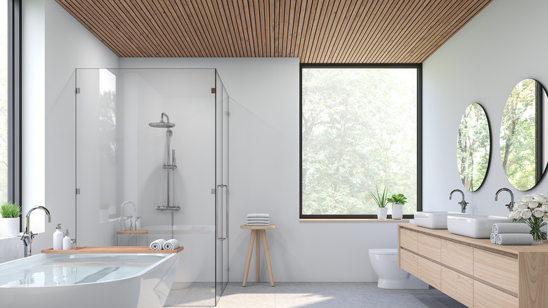 bathroom with blonde wood ceiling 