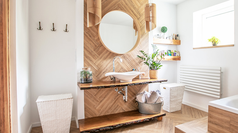 herringbone blonde wood in bathroom 