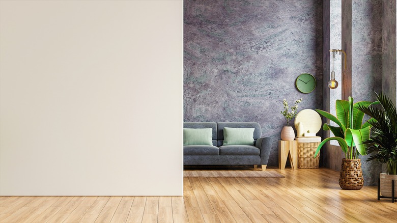 living room with blonde floors 