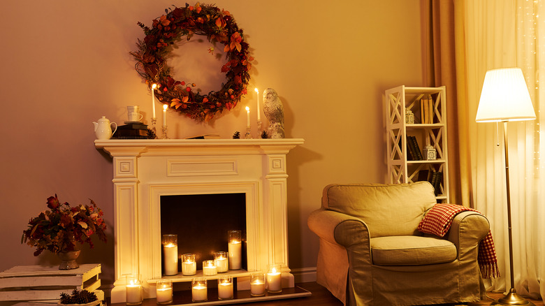 Fall wreath above fireplace