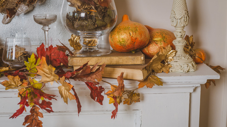 Gold themed fall mantel