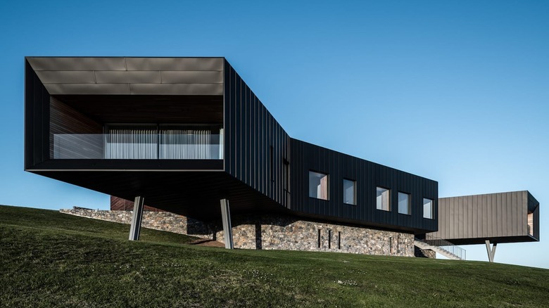 shipping container mansion on grass