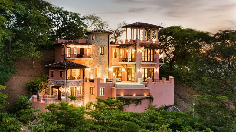 pink mansion surrounded by trees
