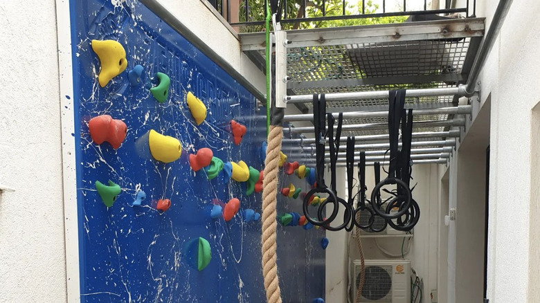 rock climbing wall and bar rings