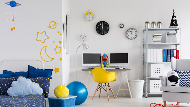 bedroom with pops of yellow