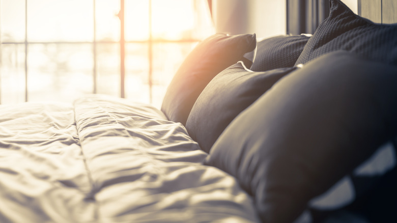 Cozy bed with lots of pillows