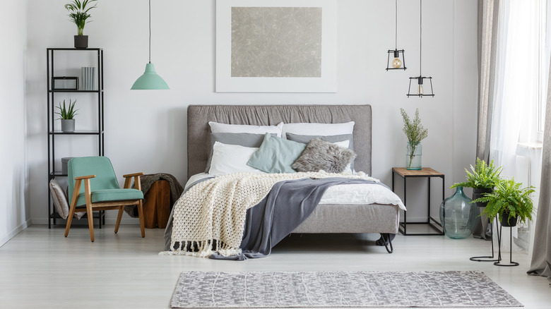 Modern bedroom with blue accents