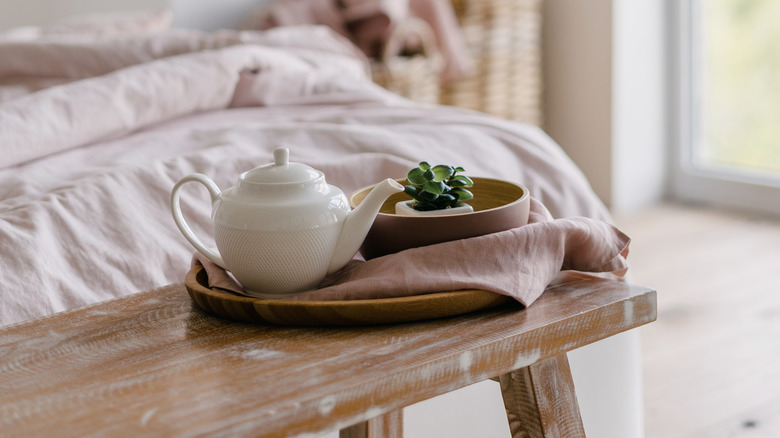 Wood bed bench with tea pot