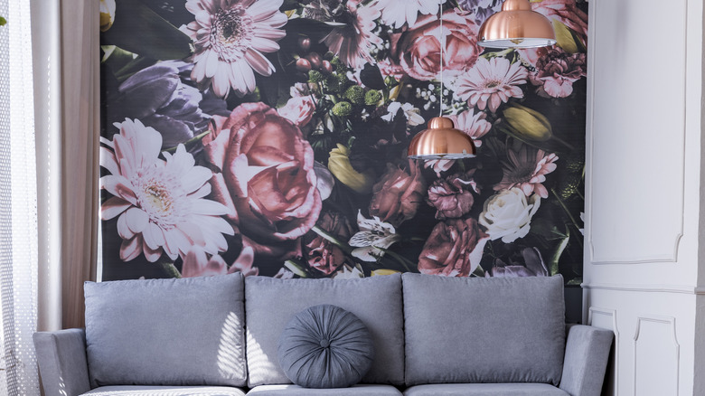 Floral wallpaper in living room