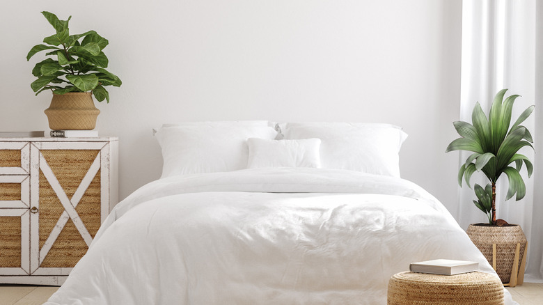 Low bed with white bedding