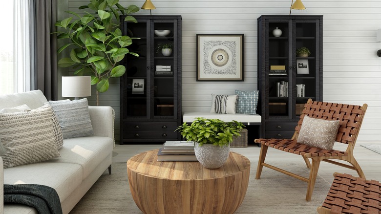 Living room with large cabinets