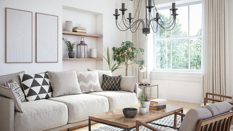 Neutral living room with chandelier