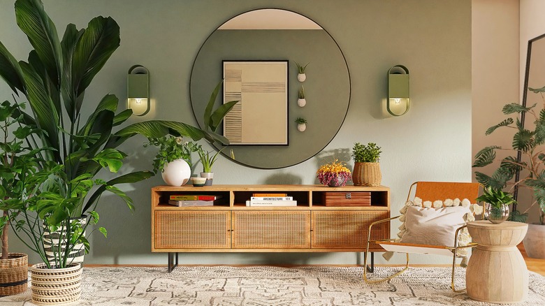 Large round mirror in living room