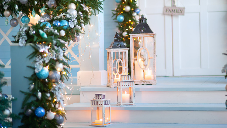 blue ornaments on garland