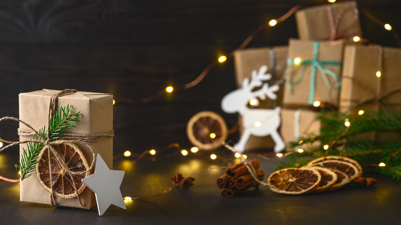 wrapped presents with dried oranges