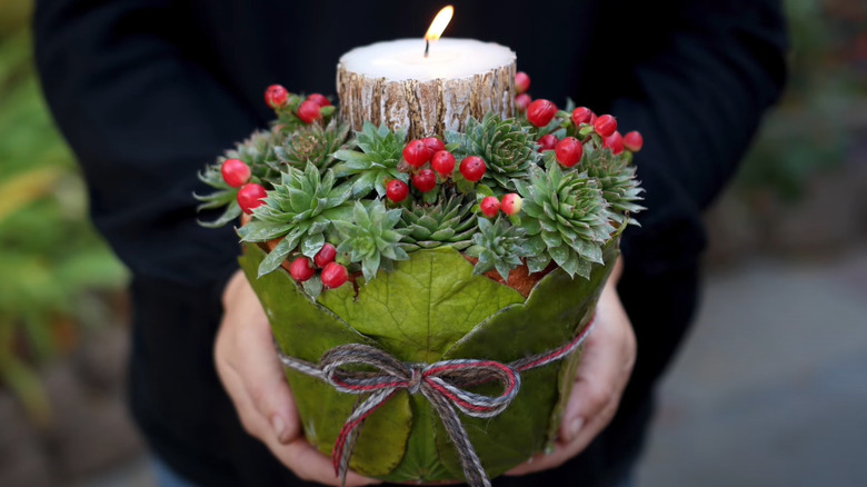 leaf-wrapped pot candle holder