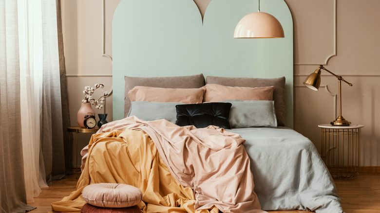 bed with peach and blue