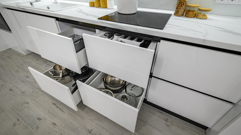 open white kitchen drawers