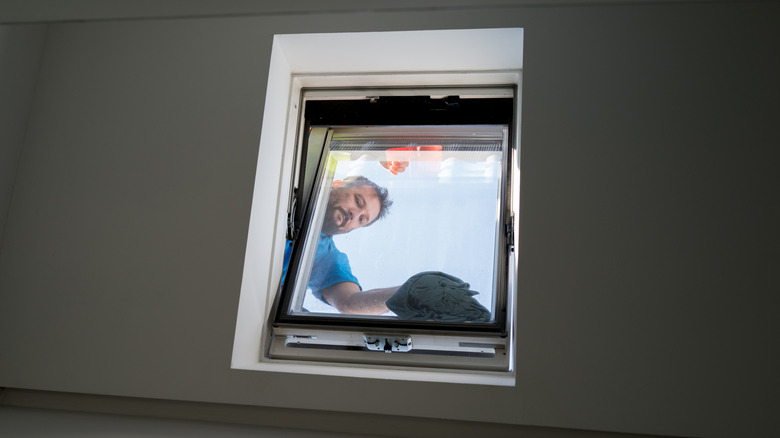 Person cleaning skylight from roof