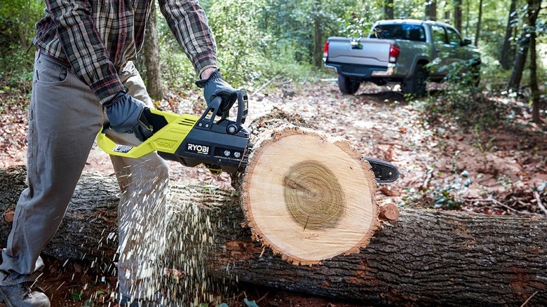 Man cutting a large tree limb with a Ryobi chainsaw