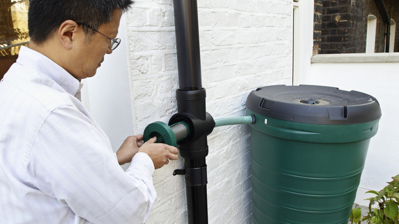 man tinkering with rain barrel