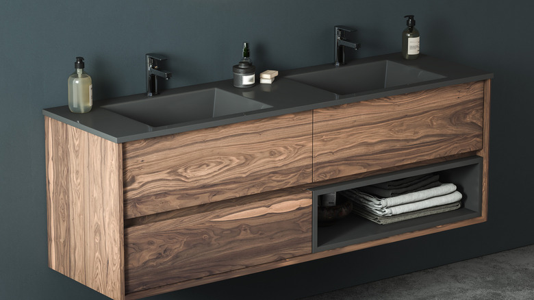 two sinks with wood base