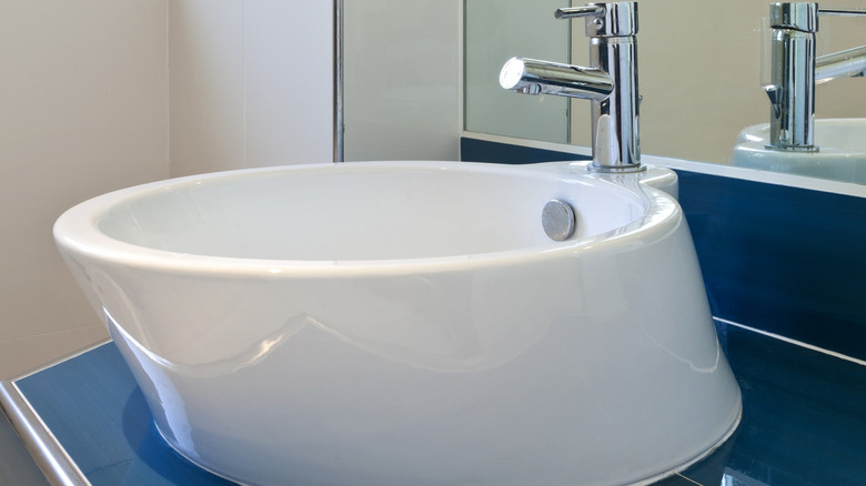 slanted sink on a counter