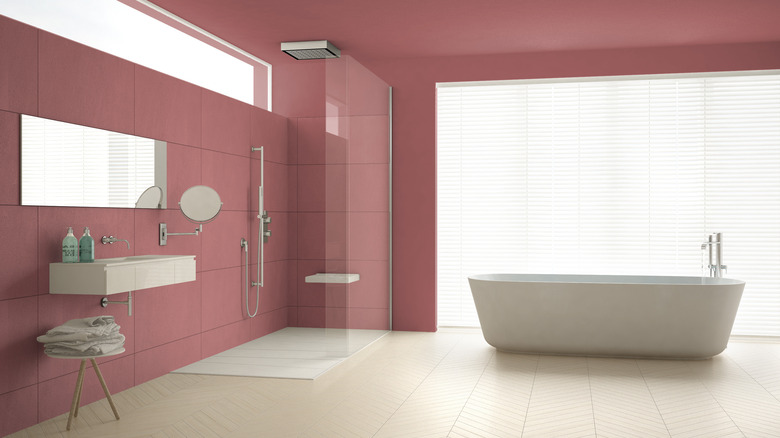 Dusty rose bathroom tile walls