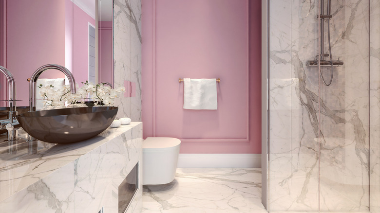 Mauve pink accent wall bathroom