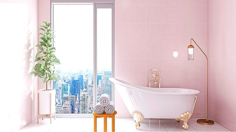 Pale pink wall tiles bathroom