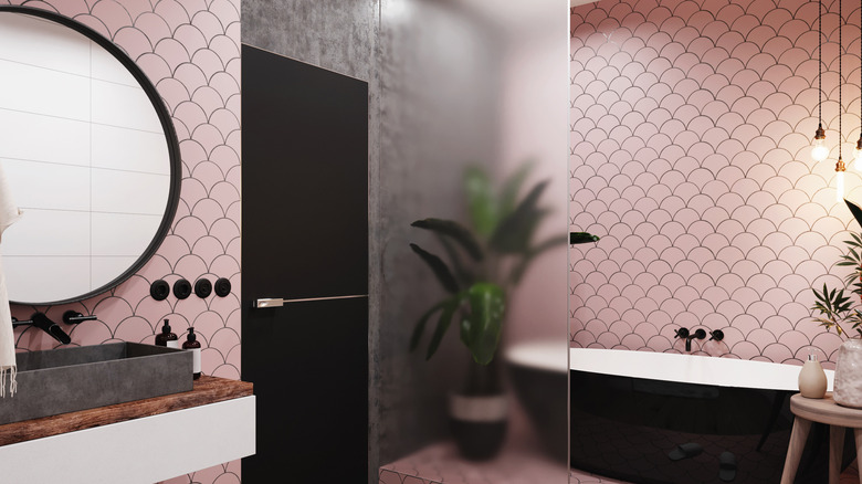 Pink scalloped bathroom walls