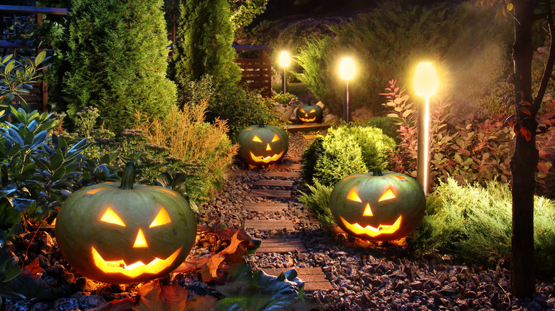 green jack-o-lanterns along path